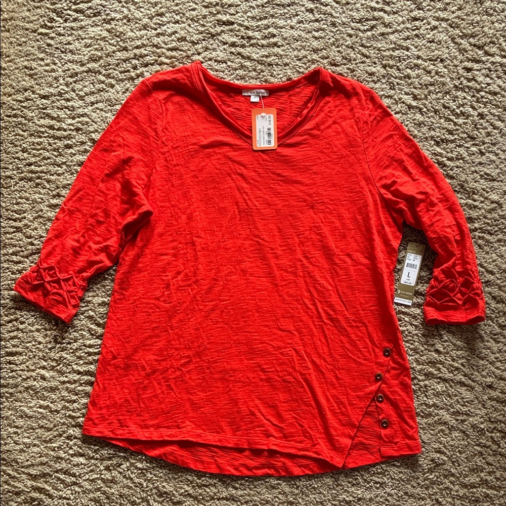 Women’s orange V-Neck 3/4 Sleeve Button Accent Top